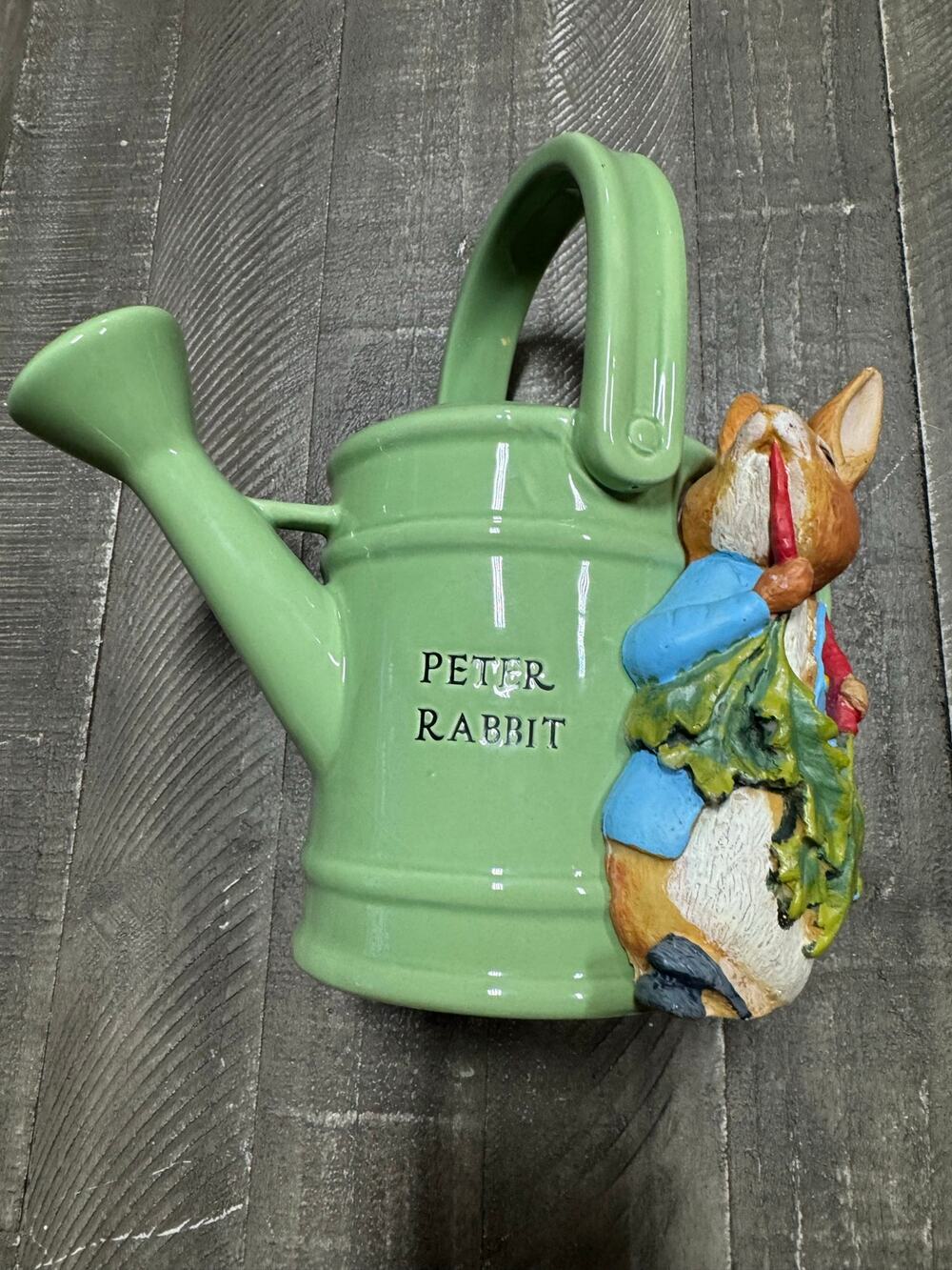 Beatrix Potter ceramic watering can planter with rabbit